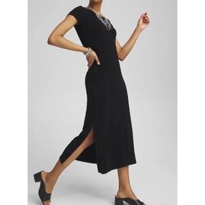 Chicos Travelers Classic Short Sleeve 1 M Maxi Dress Black Stretchy Side Slits